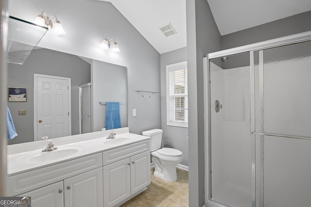 bathroom featuring double vanity, visible vents, a sink, and a stall shower
