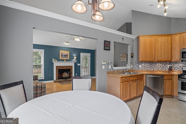 kitchen featuring decorative backsplash, lofted ceiling, a sink, open floor plan, and stainless steel appliances