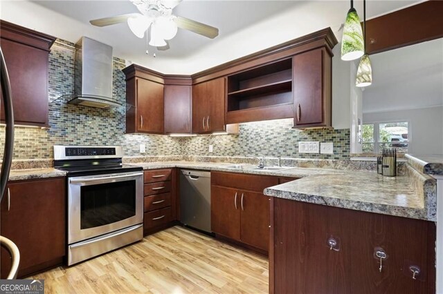 1350 Overlook Cv SE, Smyrna, GA 30080 - kitchen featuring stainless steel appliances, open shelves, wall chimney exhaust hood, and tasteful backsplash