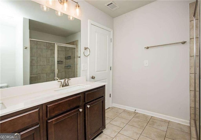 2539 Hedgeway Cir, Kennesaw, GA 30144 - full bathroom with visible vents, tile patterned flooring, vanity, baseboards, and a shower stall