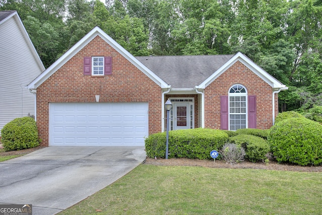view of front facade featuring brick siding, a front lawn, concrete driveway, an attached garage, and a shingled roof