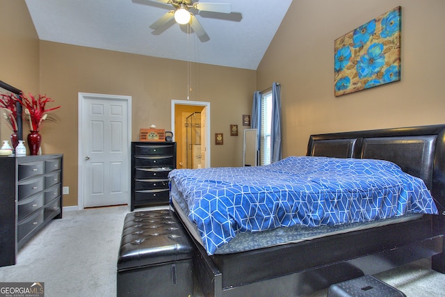 carpeted bedroom featuring baseboards, ceiling fan, and lofted ceiling