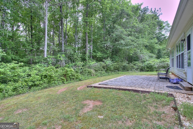 view of yard featuring a patio area and a forest view