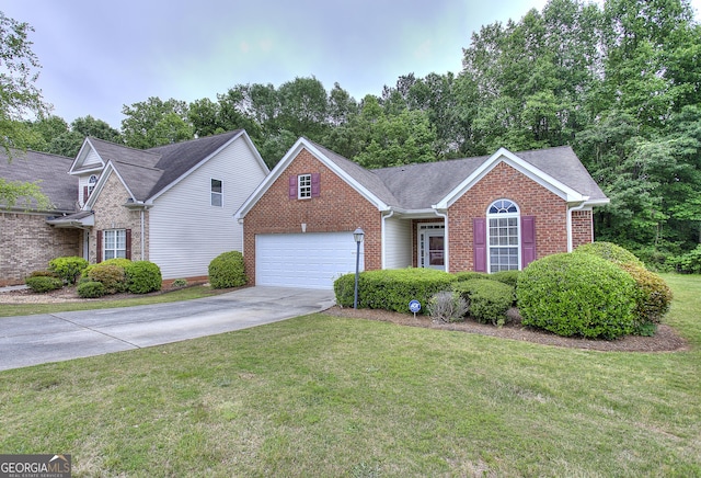 view of front of home with roof with shingles, brick siding, a front lawn, concrete driveway, and an attached garage
