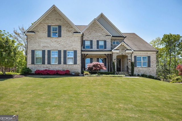 craftsman-style house featuring brick siding and a front yard