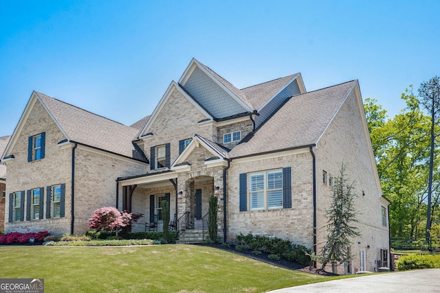 craftsman inspired home with brick siding, a front lawn, roof with shingles, and a porch
