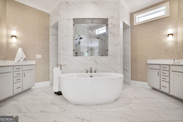 full bathroom with a walk in shower, vanity, plenty of natural light, marble finish floor, and ornamental molding