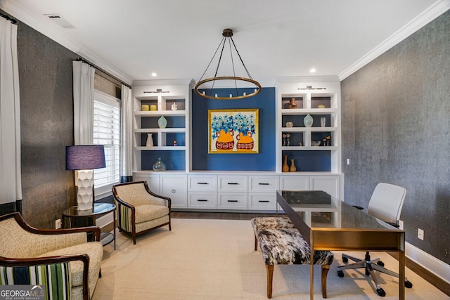 office with crown molding, baseboards, visible vents, and built in shelves
