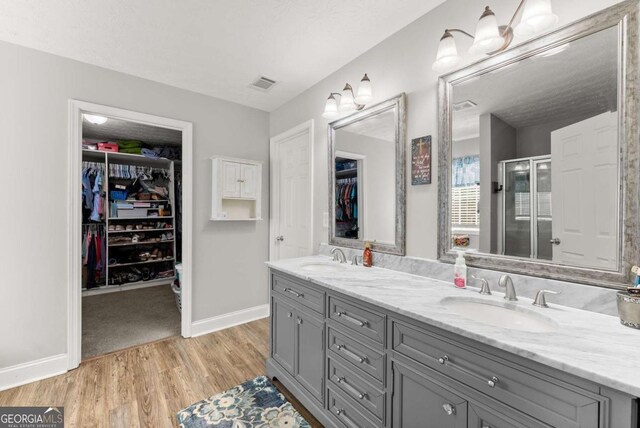 1338 Jefferson Station Rd, Jefferson, GA 30549 - bathroom with double vanity, a walk in closet, wood finished floors, and a stall shower