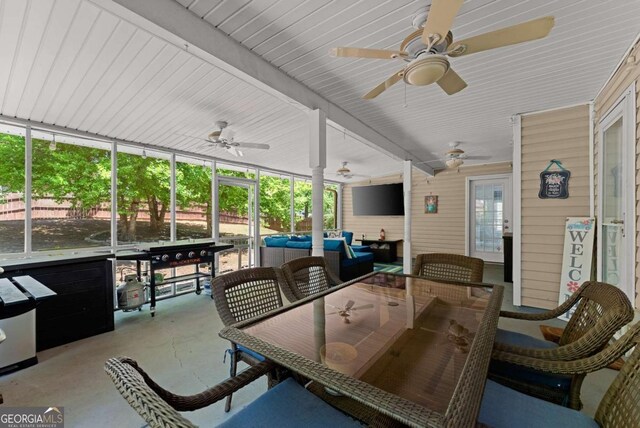 1338 Jefferson Station Rd, Jefferson, GA 30549 - sunroom with a ceiling fan, outdoor dining area, and an outdoor hangout area
