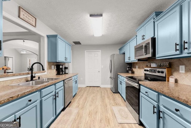 1338 Jefferson Station Rd, Jefferson, GA 30549 - kitchen featuring appliances with stainless steel finishes, blue cabinets, light wood finished floors, tasteful backsplash, and a textured ceiling