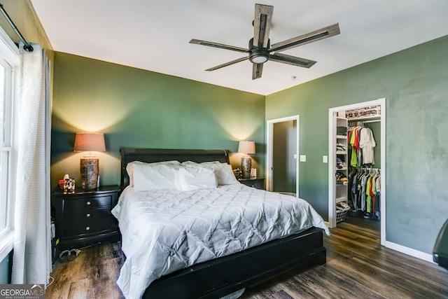 bedroom with baseboards, a spacious closet, wood finished floors, and a closet