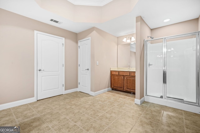 4616 Town Manor Dr, Douglasville, GA 30135 - full bathroom with vanity, tile patterned floors, baseboards, a shower stall, and visible vents