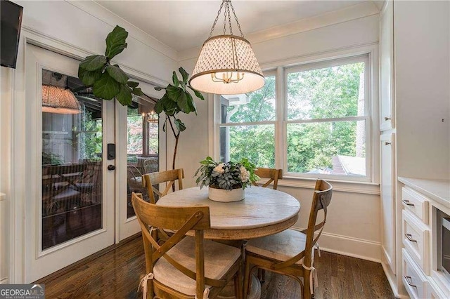dining area featuring baseboards, dark wood finished floors, and a wealth of natural light