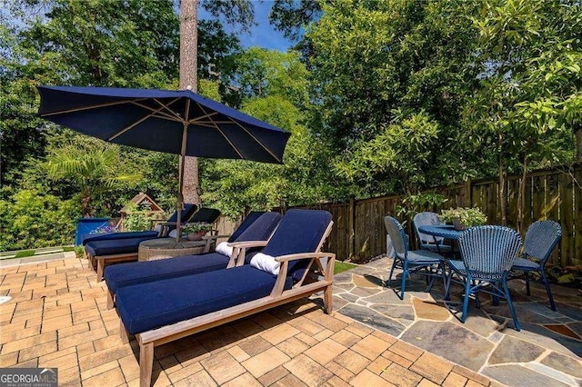view of patio featuring a fenced backyard and outdoor dining area