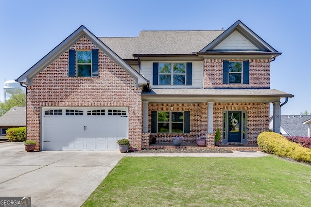 55 Sudderth St, Buford, GA 30518 - craftsman inspired home featuring a porch, a front yard, driveway, and brick siding