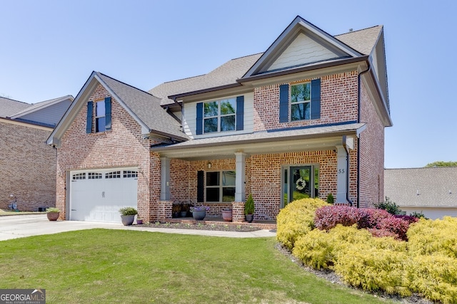 55 Sudderth St, Buford, GA 30518 - craftsman inspired home with a porch, a front lawn, brick siding, and concrete driveway