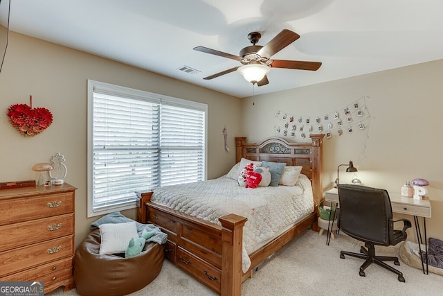 55 Sudderth St, Buford, GA 30518 - bedroom featuring light colored carpet, ceiling fan, and visible vents