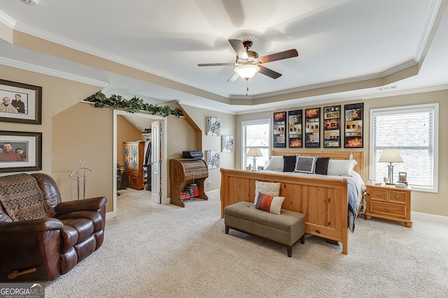 55 Sudderth St, Buford, GA 30518 - bedroom with a walk in closet, light carpet, ornamental molding, and a tray ceiling