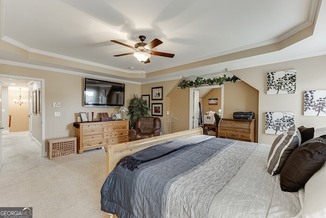 55 Sudderth St, Buford, GA 30518 - carpeted bedroom featuring a raised ceiling, ornamental molding, and ceiling fan with notable chandelier