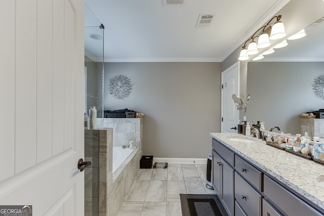 55 Sudderth St, Buford, GA 30518 - bathroom featuring visible vents, crown molding, vanity, baseboards, and marble finish floor