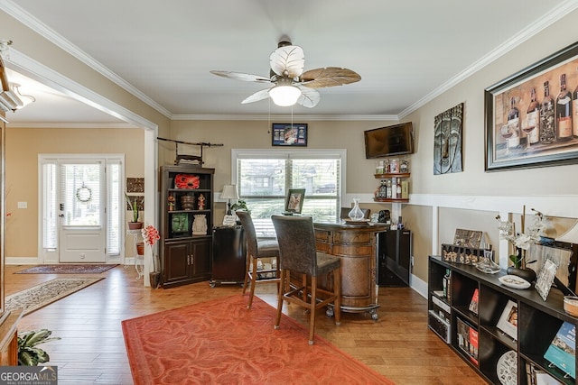 55 Sudderth St, Buford, GA 30518 - bar featuring crown molding, ceiling fan, and wood finished floors