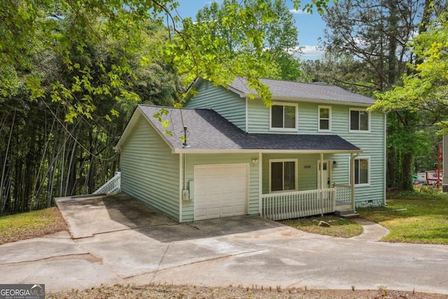 3688 Burnley Ct, Lithonia, GA 30038 - view of front of home with an attached garage, roof with shingles, driveway, and a porch