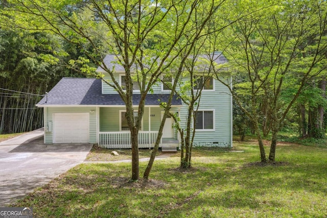 3688 Burnley Ct, Lithonia, GA 30038 - view of front facade featuring a front lawn, an attached garage, crawl space, concrete driveway, and a porch