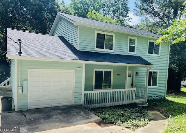 3688 Burnley Ct, Lithonia, GA 30038 - view of front of house featuring a porch, a garage, driveway, and a shingled roof