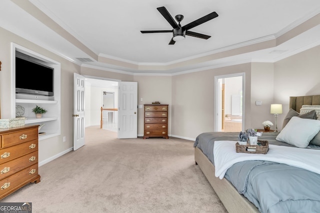 5303 Davenport Mnr, Cumming, GA 30041 - bedroom featuring visible vents, baseboards, ornamental molding, ensuite bathroom, and light carpet