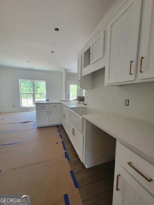 kitchen featuring white cabinets, light stone countertops, a sink, dark wood finished floors, and a peninsula