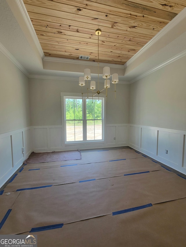 empty room featuring a notable chandelier, a raised ceiling, a wainscoted wall, ornamental molding, and wood ceiling