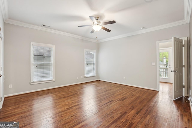 737 St Charles Ave NE, Atlanta, GA 30306 - unfurnished room with ceiling fan, ornamental molding, dark wood-type flooring, and baseboards