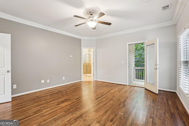 737 St Charles Ave NE, Atlanta, GA 30306 - unfurnished room featuring ceiling fan, wood finished floors, ornamental molding, and baseboards