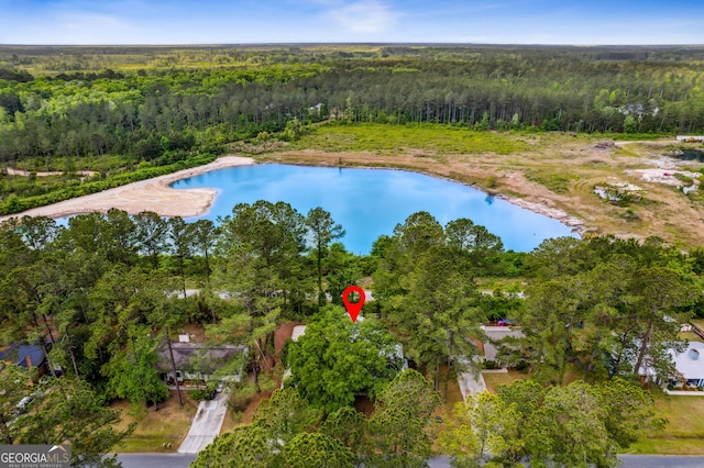 birds eye view of property with a water view and a view of trees