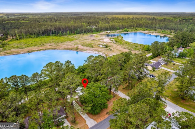 drone / aerial view featuring a water view and a wooded view