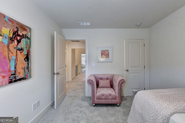 bedroom featuring baseboards, carpet flooring, and visible vents
