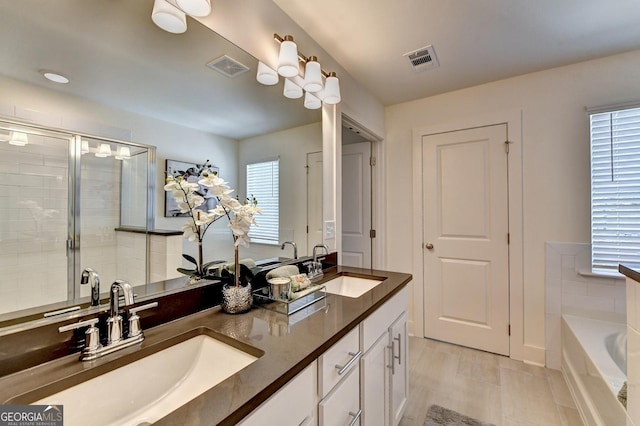 bathroom with visible vents, a sink, and a stall shower