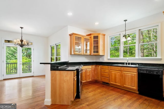 420 Martin Rd, Ellijay, GA 30536 - kitchen featuring electric range, dishwasher, a sink, a peninsula, and an inviting chandelier