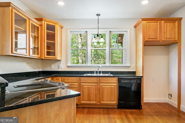420 Martin Rd, Ellijay, GA 30536 - kitchen featuring wood finished floors, glass insert cabinets, recessed lighting, a sink, and black appliances
