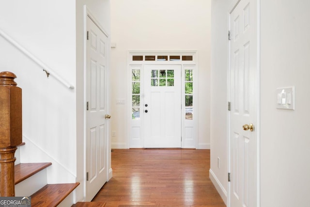 420 Martin Rd, Ellijay, GA 30536 - foyer entrance with stairs, baseboards, and hardwood / wood-style flooring