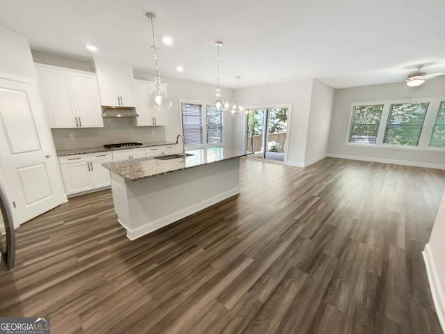 kitchen featuring dark wood-type flooring, recessed lighting, gas stovetop, under cabinet range hood, and a sink