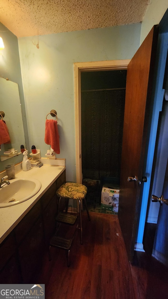 402 Emmett St, Riverdale, GA 30274 - bathroom featuring a textured ceiling, wood finished floors, and vanity