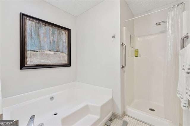 1149 Midland NW, Acworth, GA 30102 - bathroom with a garden tub, a textured ceiling, tile patterned floors, and a shower with curtain