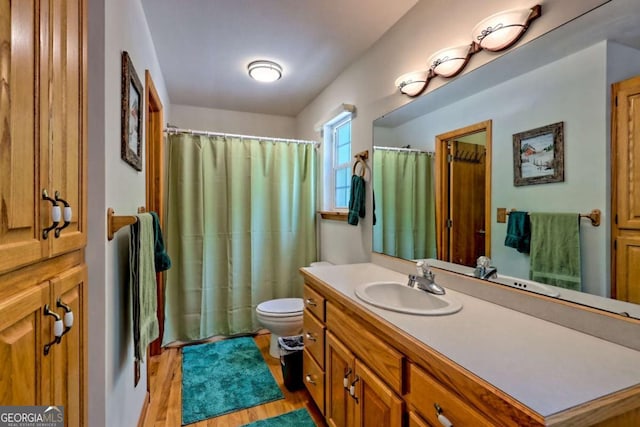 bathroom featuring toilet, curtained shower, wood finished floors, and vanity