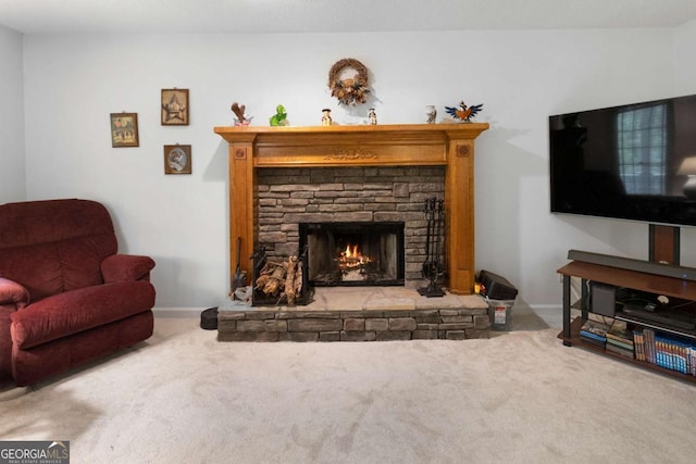 569 Hale Mountain Ct, Hiram, GA 30141 - carpeted living room with baseboards and a stone fireplace
