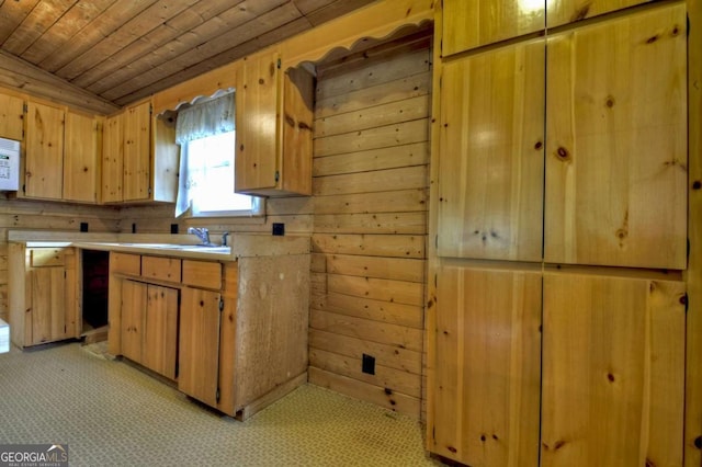 3035 Murphy Hwy, Mineral Bluff, GA 30559 - kitchen with light countertops, wooden walls, wooden ceiling, and white microwave