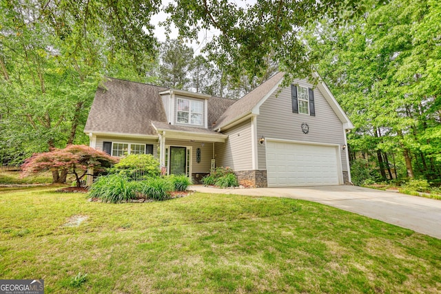traditional-style house featuring roof with shingles, stone siding, a garage, a front yard, and concrete driveway