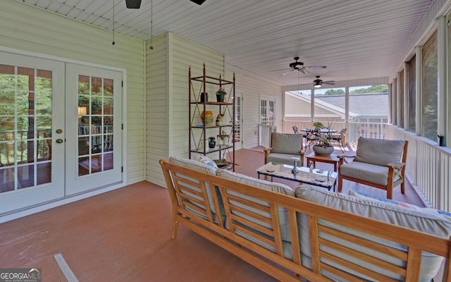 922 Brenau Point Dr, Gainesville, GA 30501 - sunroom featuring a ceiling fan, french doors, and an outdoor hangout area