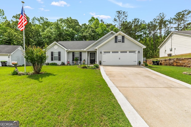single story home with an attached garage, concrete driveway, and a front lawn